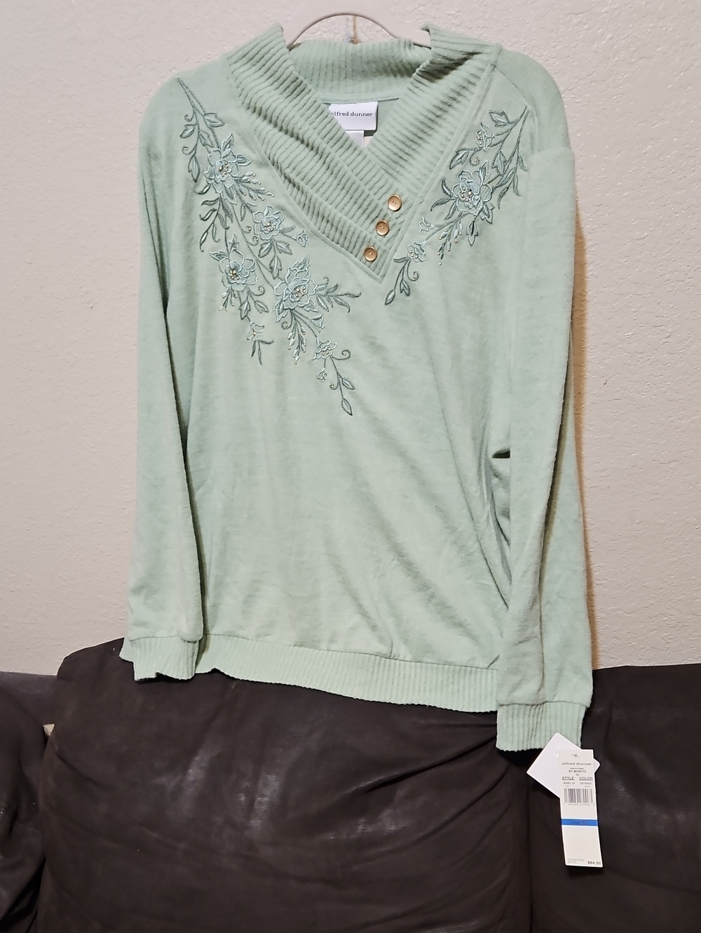 Alfred Dunner Light Mint Embroidered V-Neck Sweater with Buttons